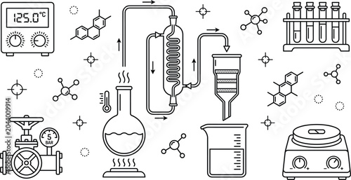 Slika na platnu Chemical distillation process and laboratory equipment line icon vector set with