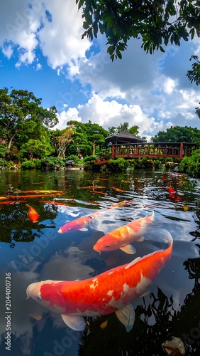 A serene pond with vibrant orange koi fish swimming