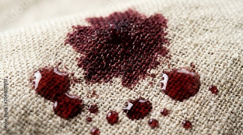 Red wine stains on beige fabric background with droplets around  