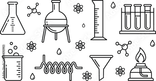 Science and chemistry laboratory equipment line icon vector set with flasks test tubes beaker and burner