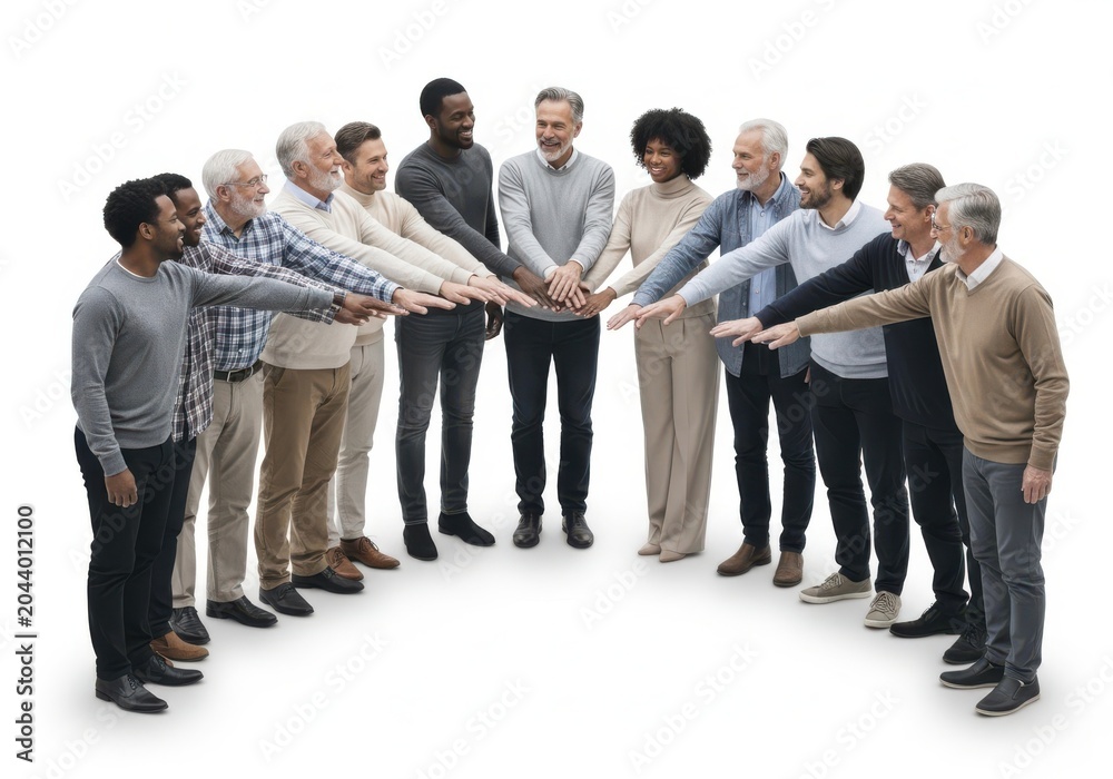 Obraz premium Diverse group of people joining hands in unity, teamwork and collaboration concept, business diversity, multicultural community