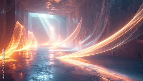 Futuristic Tunnel with Light Trails and Reflections.