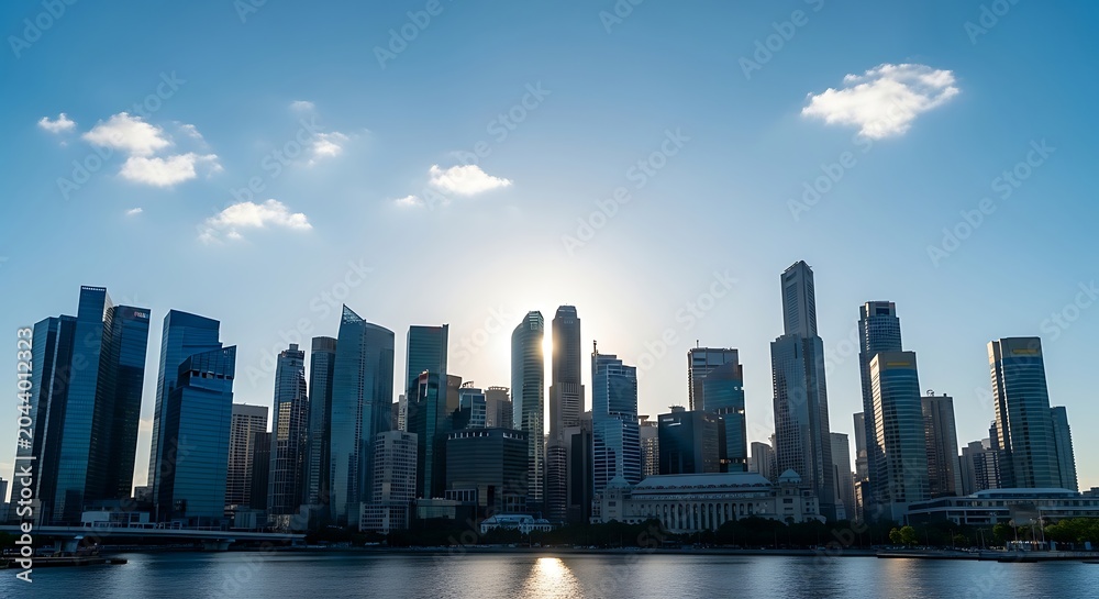 Obraz premium Majestic Urban Skyline Silhouetted Against Sunrise