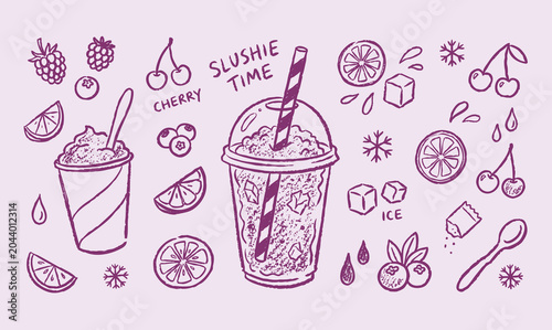 Foto Slushie Time Summer Frozen Drink Hand-Drawn Line Art Doodle Set