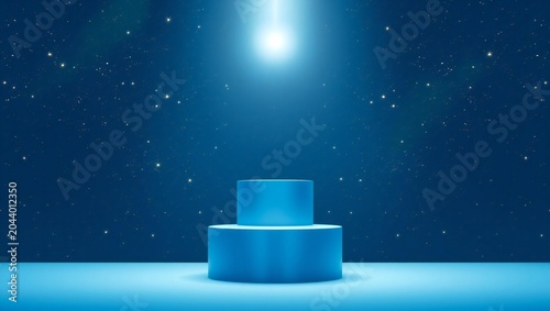 Empty blue cylinder product display stand on a dark starry night background with a glowing light
