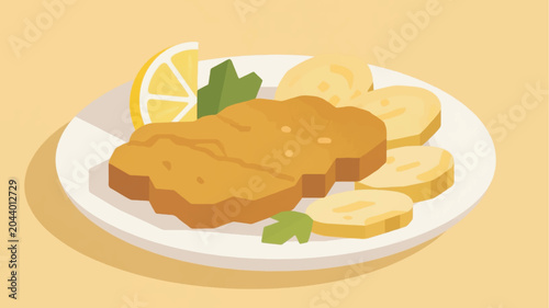 Photography Illustration Of Austrian Wiener Schnitzel With Lemon Slices And Potatoes Vector