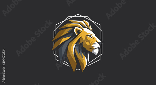 Quadro su tela Majestic Lion Head Emblem - Geometric Design on Dark Background