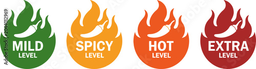 Spicy level icons set with chili pepper and flame graphics