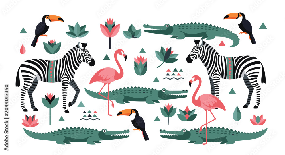 Obraz premium Artistic collection of stylized wild animals including zebras, flamingos, toucans, and crocodiles decorated with geometric patterns.