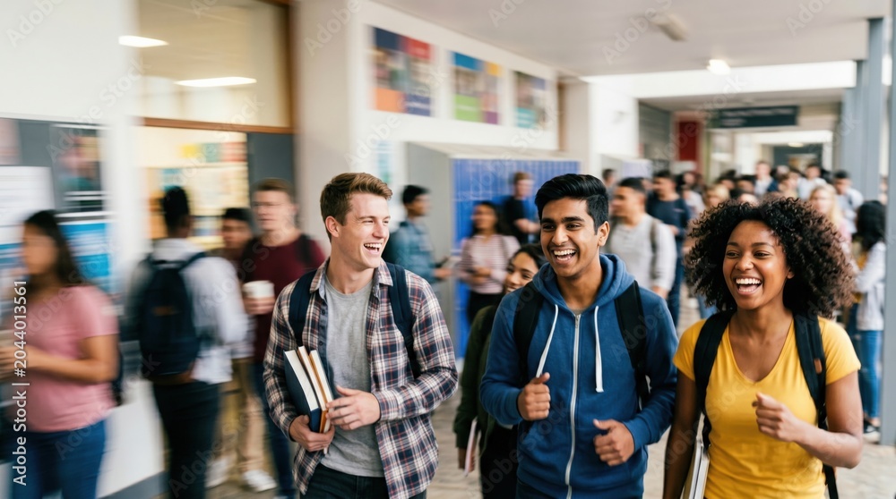 Obraz premium Diverse Group of Happy High School Students Walking and Laughing Together in a Bright School Hallway