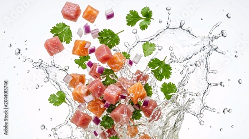 High end commercial display showcasing an authentic raw seafood recipe in a premium minimalist setting.
