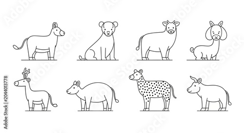 Photography Cute cartoon farm and wild animals line art collection, isolated on white backgr