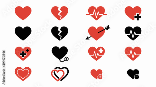 Foto Collection of flat heart vector icons in red and black colors featuring broken hearts, heartbeat lines, arrows, medical plus signs, and love symbols for healthcare or romantic design templates