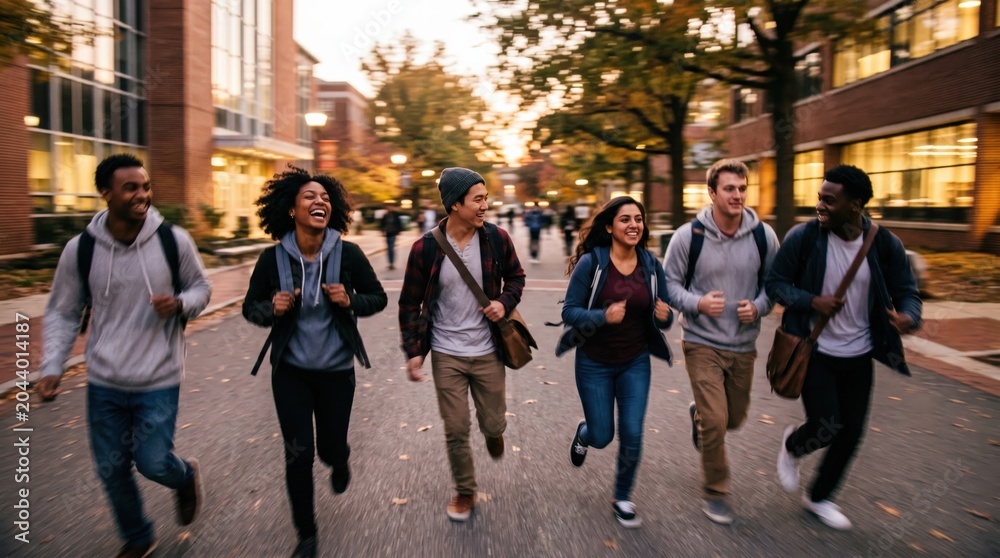 Fototapeta premium Diverse Group of College Students Running Together on University Campus Path at Sunset