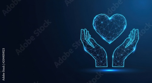Digital Heart Held Safely Within Abstract Wireframe Hands