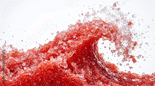 Hyper detailed macro shot of icy vibrant red frozen watermelon slushie wave.
