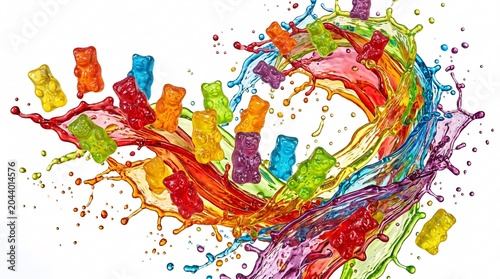 Hyper detailed studio photo of colorful translucent gummy bears with fruit juice splash.