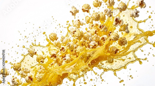Hyper detailed studio photo of fluffy movie theater popcorn with liquid butter splash.