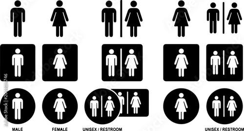 Canvastavla Comprehensive collection of restroom signage templates featuring male, female, and unisex icons in black silhouette, solid blocks, and circle variations for public facilities navigation