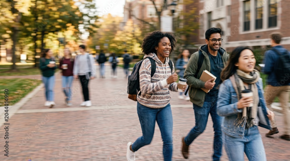 Fototapeta premium Diverse Group of Happy College Students Walking Together on University Campus Pathway
