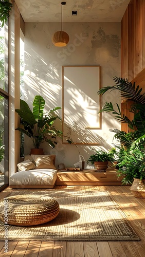 A serene room with plants and natural light on wooden floor