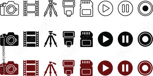 Fotografía Photography and videography camera equipment icons set with photography videogra