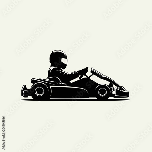 Icon go kart racing driver silhouette, vector illustration of a professional karting racer in a helmet driving a gokart on the track