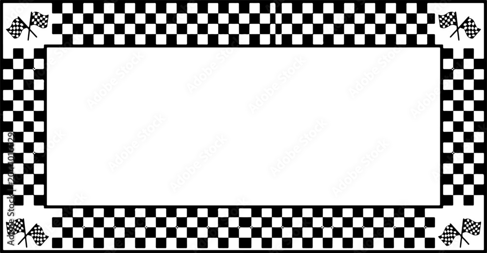 Obraz premium Rectangular racing frame template with a black and white checkered border pattern and crossed finish line flags in the corners.