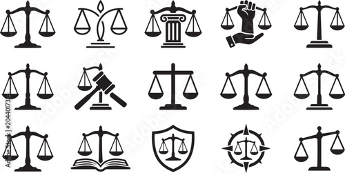 Justice scales and legal icons feature a detailed grid of symbols including gavels and law books for judicial design projects.
