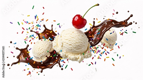Ultra sharp macro photography of vanilla ice cream sundae with chocolate syrup splash.