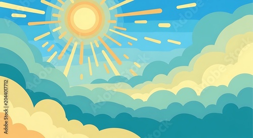 Vibrant Sunburst Over Cartoon Clouds in a Blue Sky