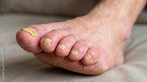 Detailed view of foot showing yellow brittle toenails, dry flaky skin, and signs of fungal infection or dermatological condition