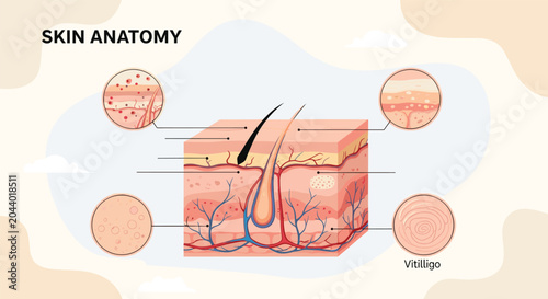 Detailed diagram of human skin anatomy illustrating different layers and medical conditions like vitiligo with close-up cross-sections.