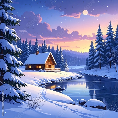A serene snowy cabin by a tranquil lake at dusk (1)