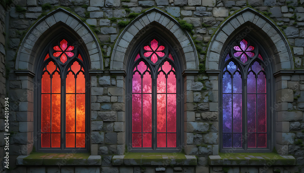 Obraz premium Three gothic stained glass windows with red, pink, and purple hues in a stone wall with mossy details and grey arches