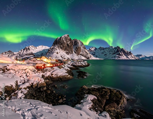 A serene snowy landscape with a house by a frozen sea