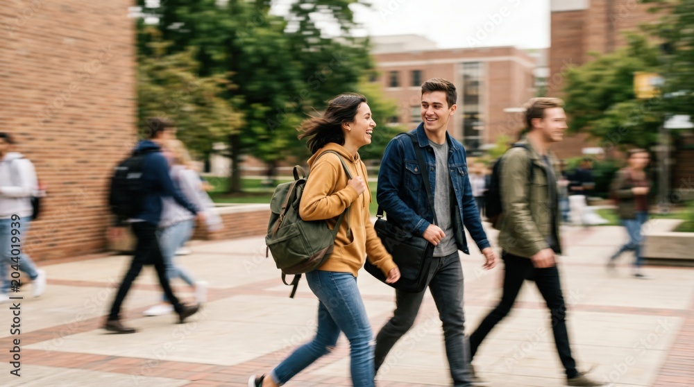 Obraz premium Diverse College Students Walking and Talking on University Campus Pathway