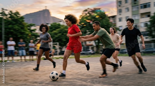 Diverse Young Adults Playing Soccer Match on Outdoor Urban Court at Sunset