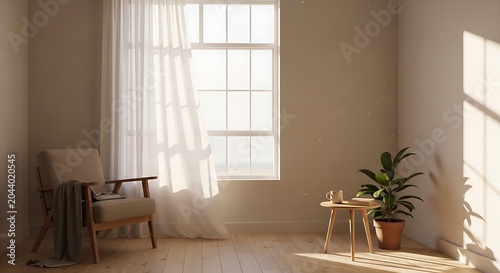 Serene Minimalist Interior with Sunlit Window and Cozy Armchair