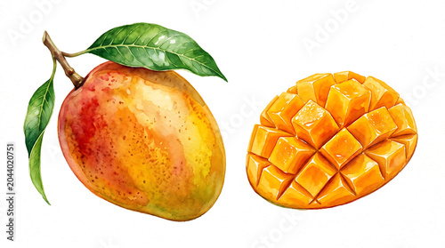 Vibrant Botanical Watercolor Painting Of A Ripe Sliced Yellow Mango Isolated On A White Background