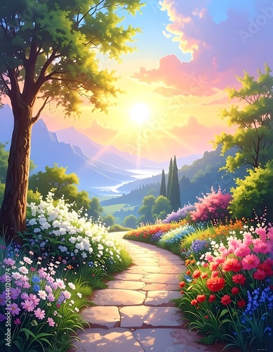 A serene stone pathway through a vibrant garden at sunrise