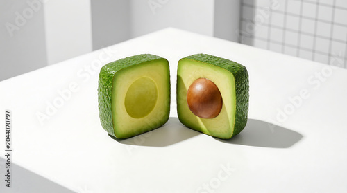 Unique Surreal Commercial Photography Of A Perfectly Square Green Avocado Sliced On A Minimalist White Table