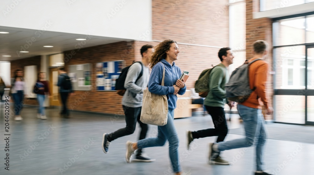 Fototapeta premium Group of Diverse Young Adult Students Running Through School Hallway Carrying Backpacks and Books