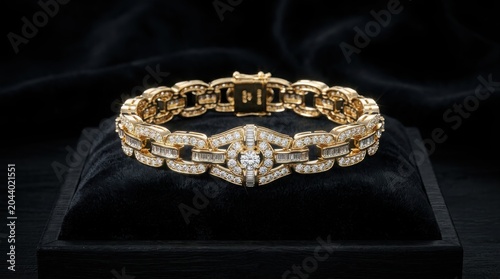 Luxury gold diamond bracelet on black velvet cushion, elegant bridal jewelry with sparkling gemstones, high-end fashion accessory for formal events