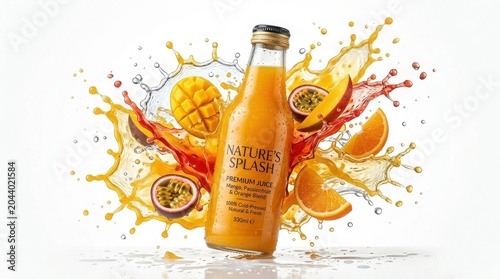 Fresh mango passionfruit and orange juice bottle, dynamic fruit splash with liquid droplets, premium tropical beverage advertisement on white background