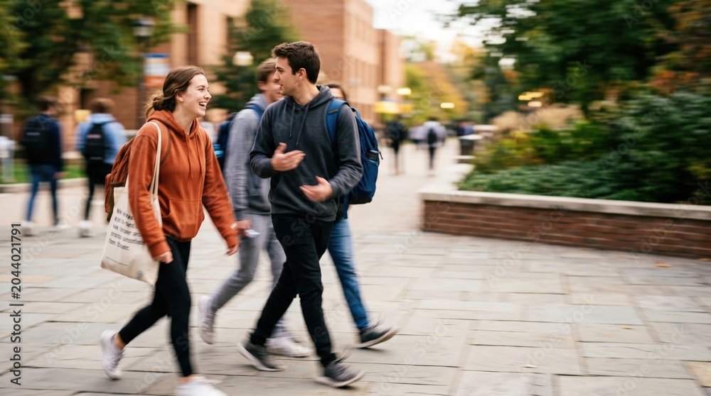 Obraz premium Happy young adult college students walking and talking on a university campus walkway during autumn semester