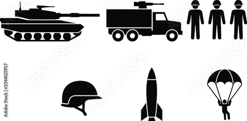 Bild auf Leinwand Military Equipment Silhouette Icon Set with Tank Missile Truck Soldiers Helmet R
