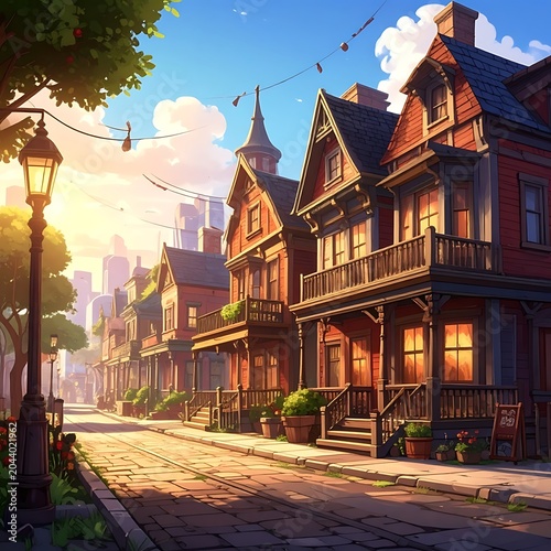 A serene suburban street lined with Victorian houses and lush greenery