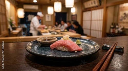 Authentic fatty tuna nigiri sushi on ceramic plate, traditional Japanese restaurant interior with chef, fresh otoro sushi with soy sauce and chopsticks