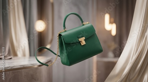 Elegant green leather handbag with gold hardware, luxury designer purse floating in boutique, stylish emerald fashion accessory for women